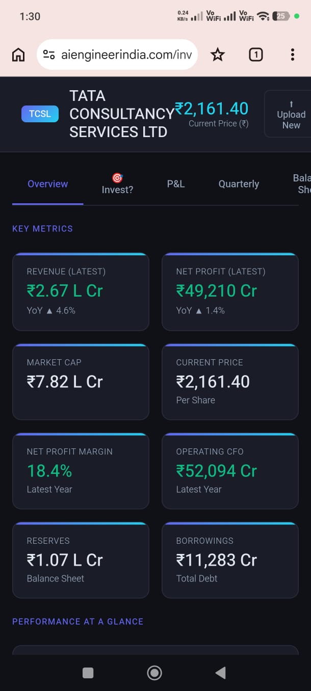 Company financial research app screen