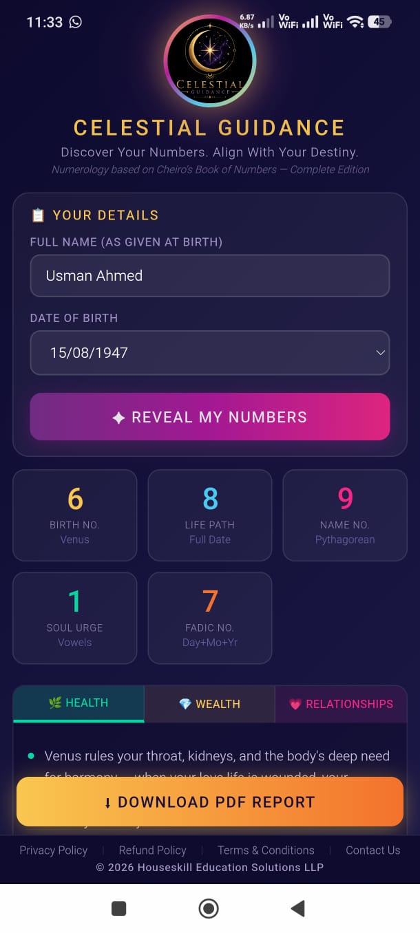 Celestial Guidance numerology app screen
